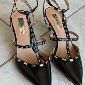 INC Black Padded Ankle Strap Studded Carma Pointed Toe Kitten Heel Buckle Size 9